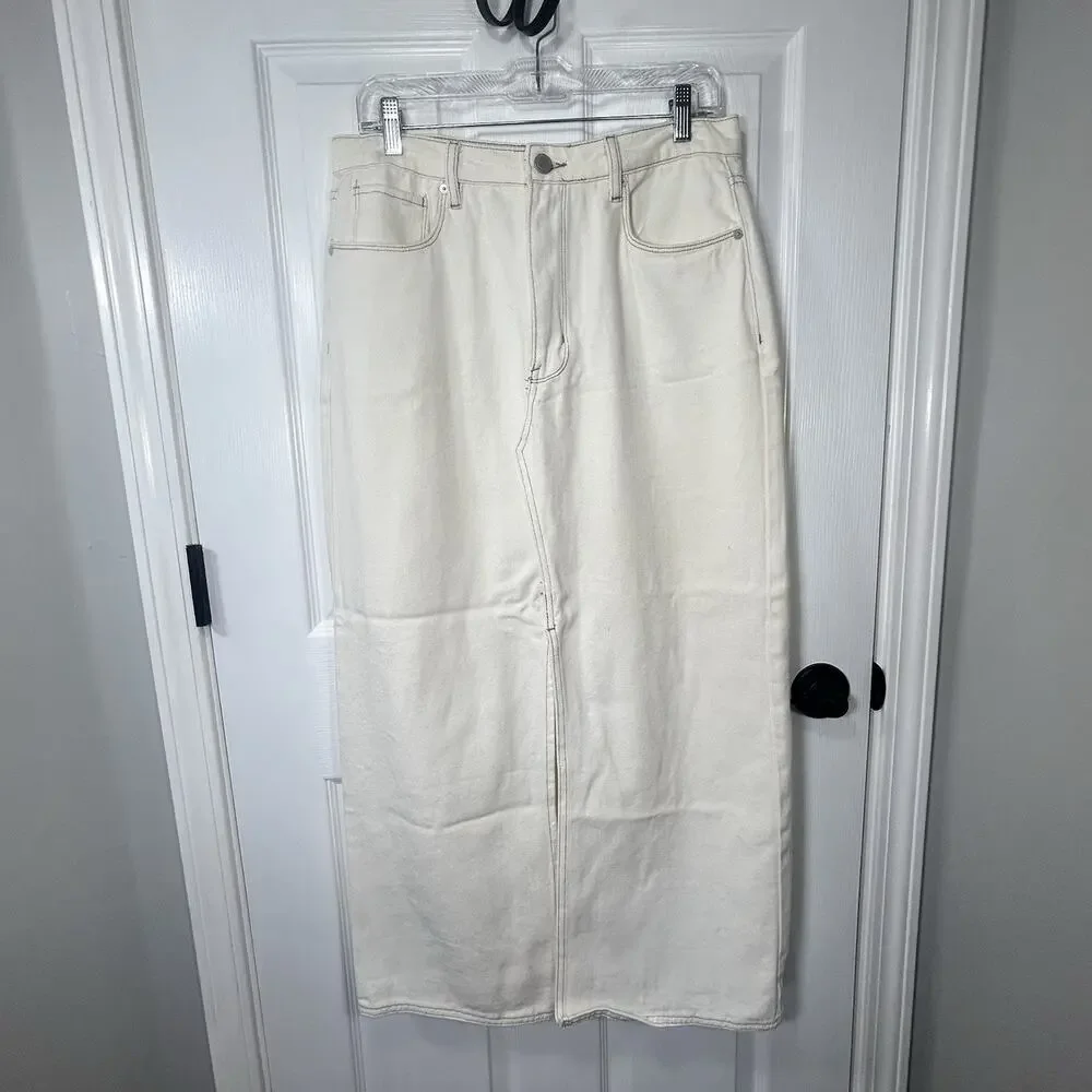 Blank NYC Off-White/Ekru Denim Maxi Skirt Front Slit Size 29